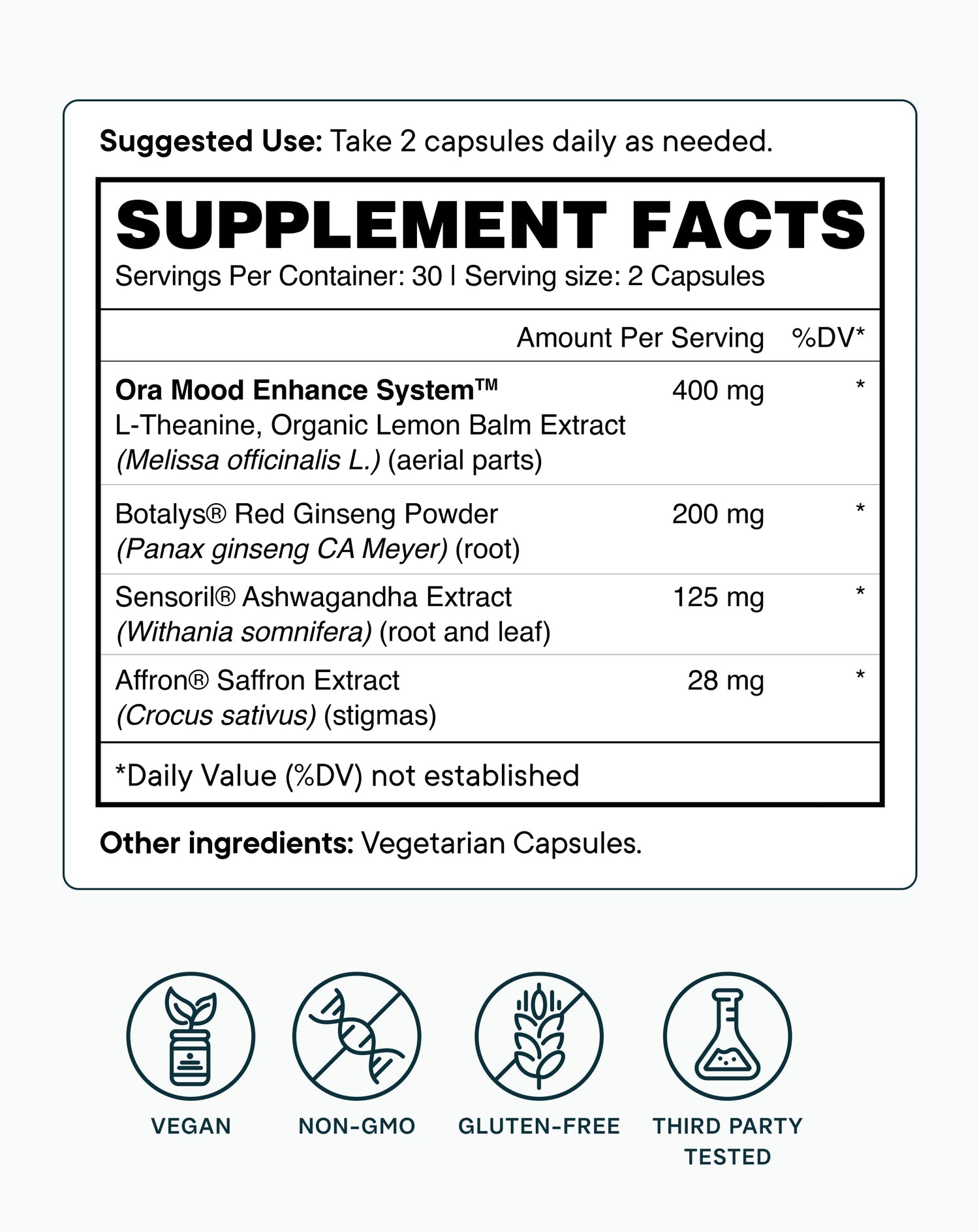 Supplement Facts of Ora Organic Stress Support