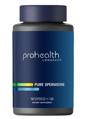A bottle of Prohealth Longevity Pure Spermidine dietary supplement capsules, shown against a white background.