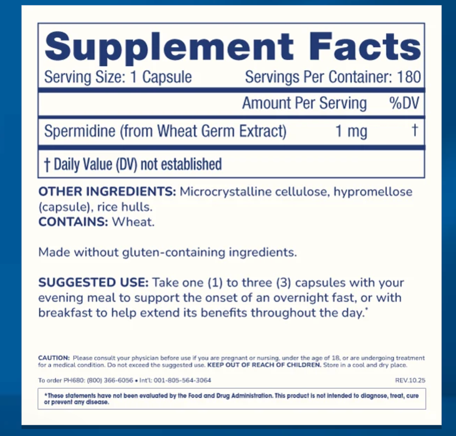 A supplement facts label for Prohealth Longevity Pure Spermidine.