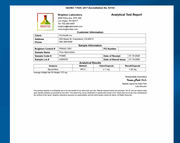A document page from Brighton Laboratory showing an analytical test report with client information, sample information, and analytical results for Prohealth Longevity Pure Spermidine.