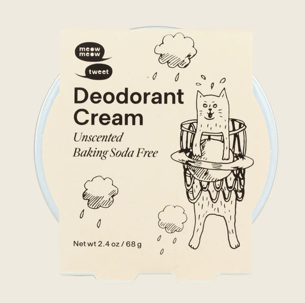 Meow Meow Tweet Baking Soda-Free Deodorant Cream : Gently rub a pea-sized amount of baking soda free deodorant cream into each armpit.