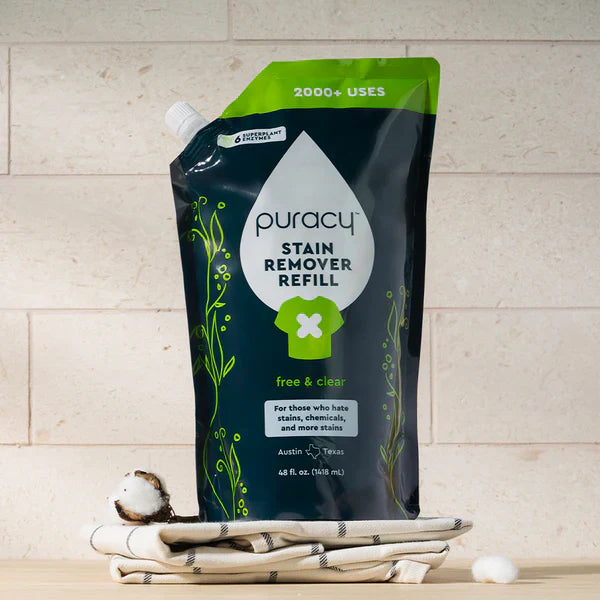 Puracy Laundry Stain Remover Refill pouch with concentrated plant-based stain-fighting formula and 2,000+ uses