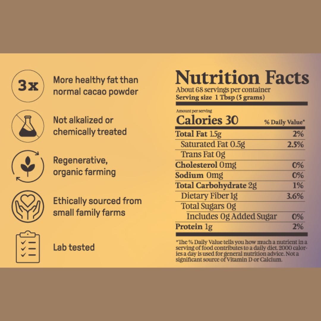 Ora Cacao Triple Fat Cacao Powder - Nutrition Facts - Lab tested