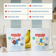 Equip Kids Milk Chocolate and Banana Split Protein Powder pouches with key benefits including 10g grass-fed beef protein and 11 organic fruits.