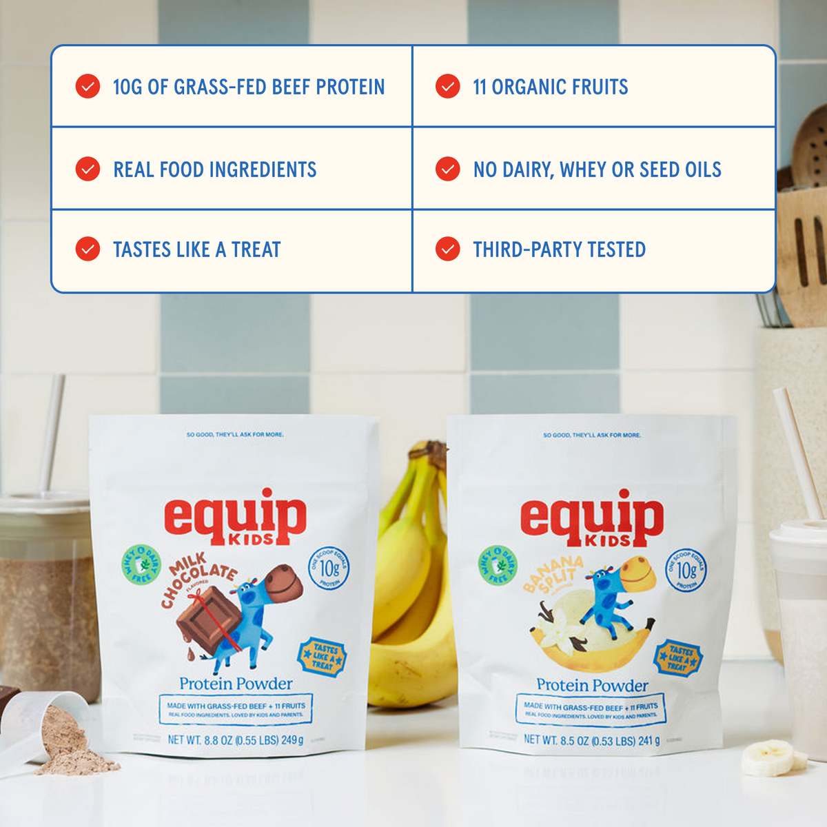 Equip Kids Milk Chocolate and Banana Split Protein Powder pouches with key benefits including 10g grass-fed beef protein and 11 organic fruits.