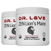 Two jars of Dr. Love ZEN Lion’s Mane mushroom powder supplement showcasing premium organic formula for brain health, mental clarity, and daily wellness.