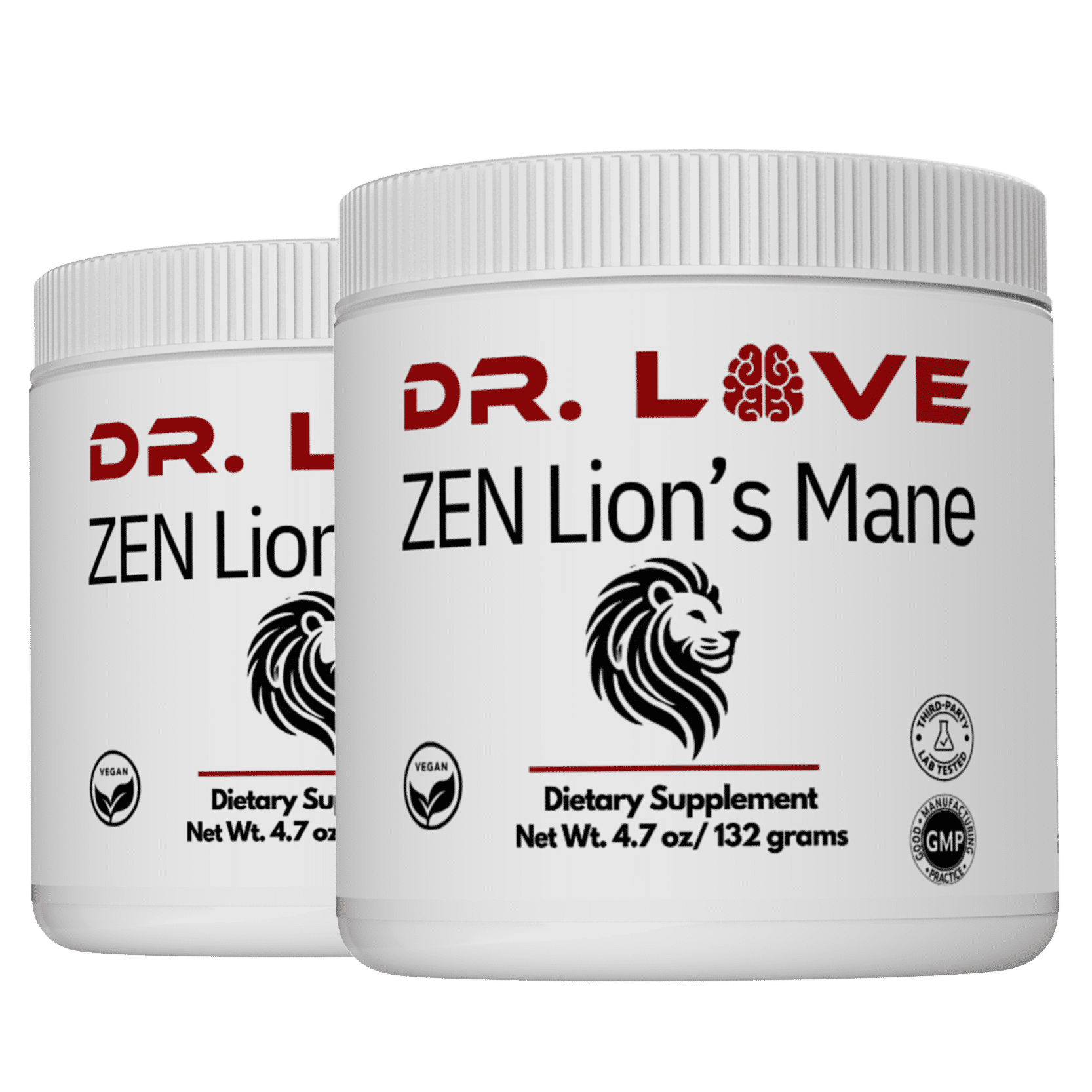 Two jars of Dr. Love ZEN Lion’s Mane mushroom powder supplement showcasing premium organic formula for brain health, mental clarity, and daily wellness.