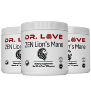 Three containers of Dr. Love ZEN Lion’s Mane mushroom blend displaying organic functional mushroom formula designed to support focus, memory, and overall vitality.