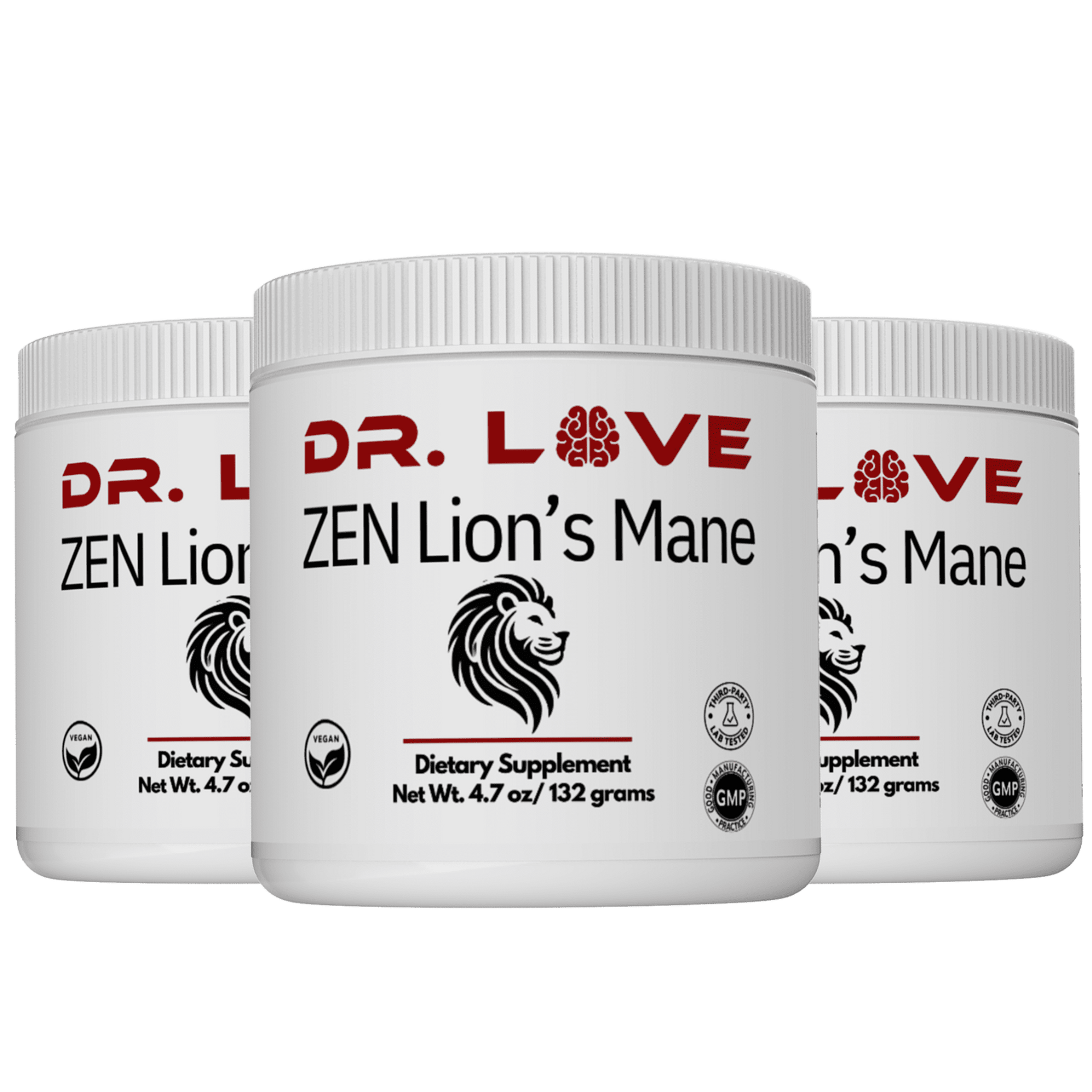 Three containers of Dr. Love ZEN Lion’s Mane mushroom blend displaying organic functional mushroom formula designed to support focus, memory, and overall vitality.