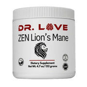 Dr. Love ZEN Lion’s Mane organic mushroom supplement powder in 132g jar featuring Lion’s Mane mushroom blend for focus, memory, and cognitive support.