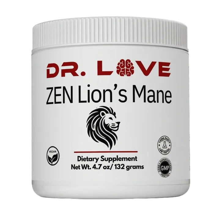 Dr. Love ZEN Lion’s Mane organic mushroom supplement powder in 132g jar featuring Lion’s Mane mushroom blend for focus, memory, and cognitive support.