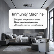 Austin Air Immunity Machine highlighting advanced 8-phase filtration for airborne particles, gases, and household chemicals