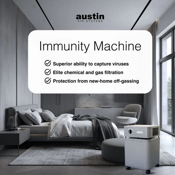 Austin Air Immunity Machine highlighting advanced 8-phase filtration for airborne particles, gases, and household chemicals