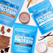 Paleo Valley bone broth protein powders in chocolate, vanilla, and salted caramel flavors with drink mixes