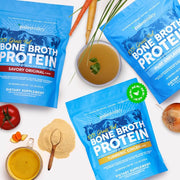 Paleo Valley grass fed bone broth protein powders in savory original, pure, and turmeric ginger flavors with ingredients