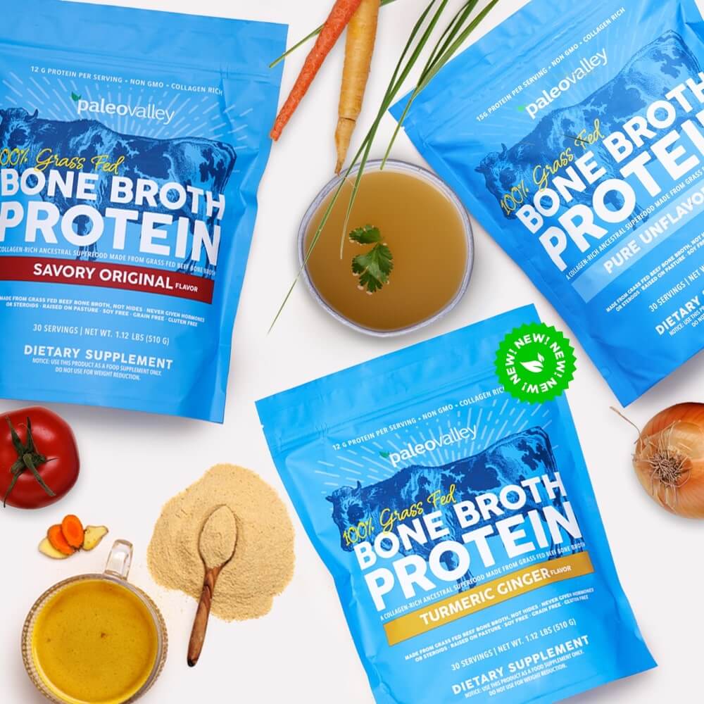 Paleo Valley grass fed bone broth protein powders in savory original, pure, and turmeric ginger flavors with ingredients