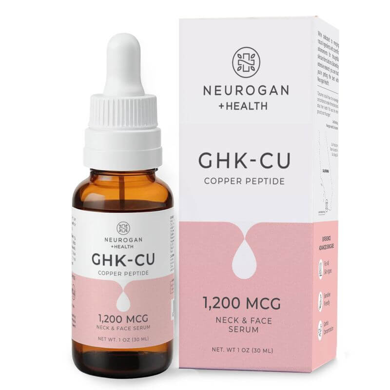 Neurogan Health GHK-Cu Neck and Face Serum bottle displayed beside its product box.