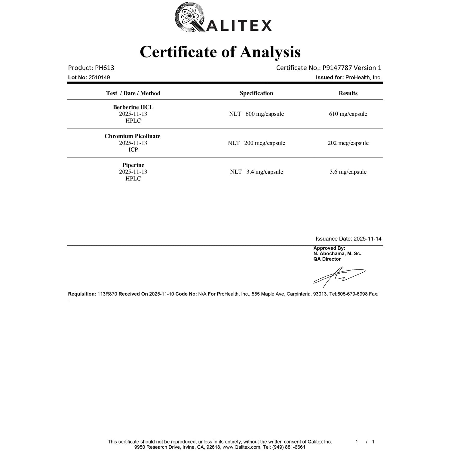 Certificate of Analysis of Prohealth Longevity Berberine Pro - 1,200 mg per day, 60 capsules