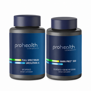 White Background ProHealth Longevity Cellular Energy & Performance Bundle featuring NMN Pro 500 and Full Spectrum Urolithin A supplement bottles.