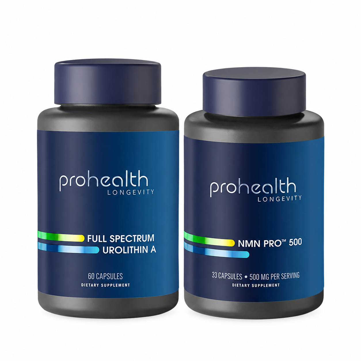 White Background ProHealth Longevity Cellular Energy & Performance Bundle featuring NMN Pro 500 and Full Spectrum Urolithin A supplement bottles.