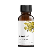 Thorne Vitamin D + K2 dietary supplement bottle on a white background
