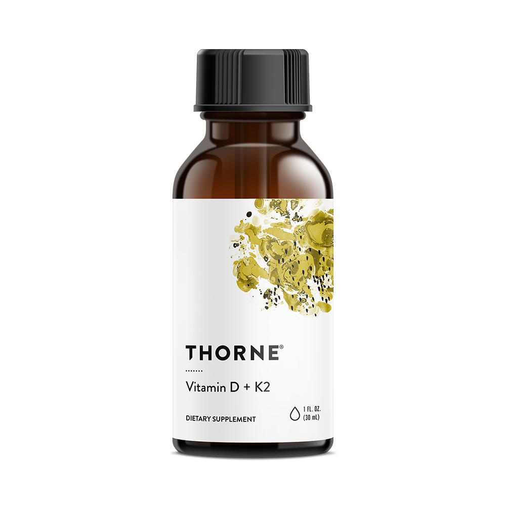 Thorne Vitamin D + K2 dietary supplement bottle on a white background