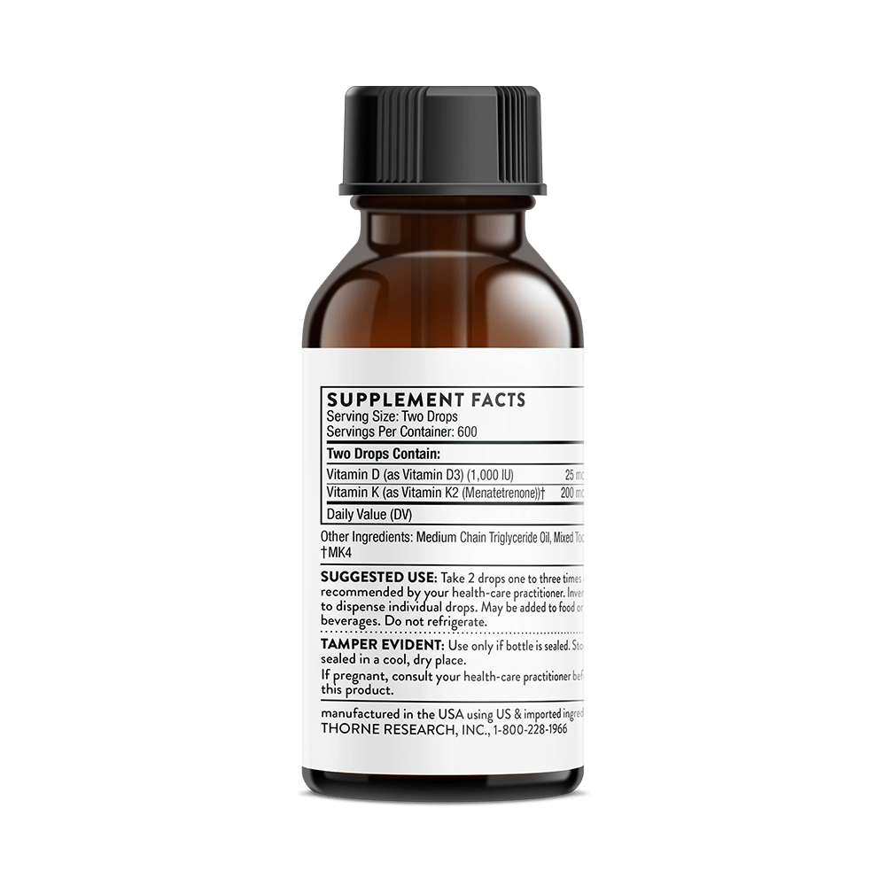 Thorne Vitamin D + K2 back Label with Supplement Facts and Suggested Use