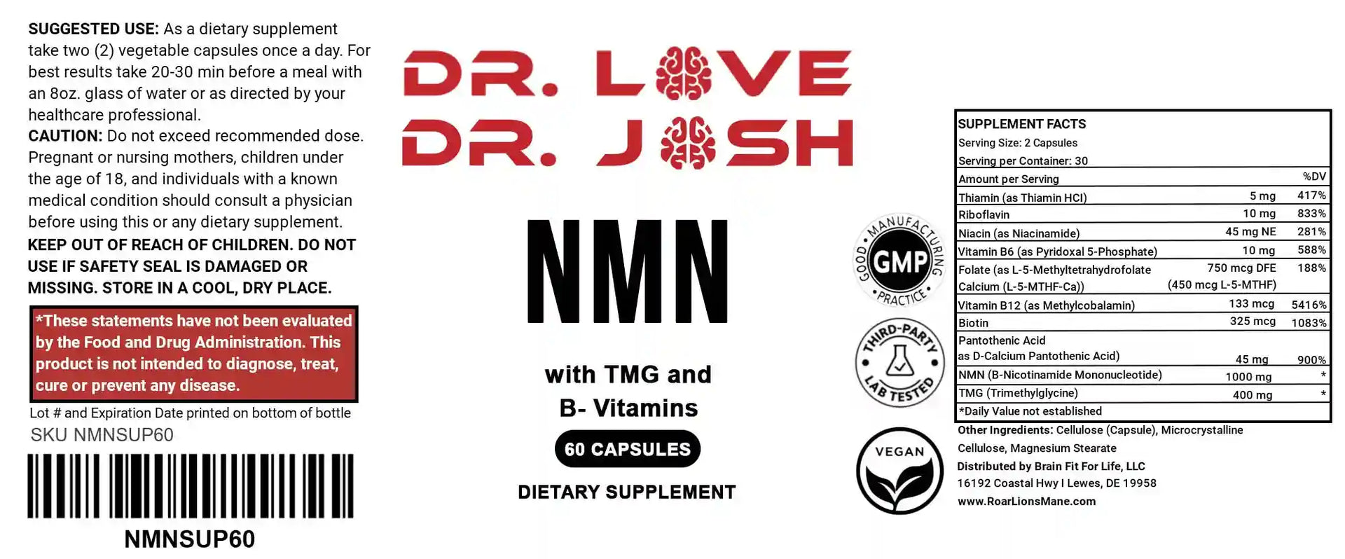 Label of Dr. Love's NMN bottle displaying supplement facts, ingredient information, and product details.