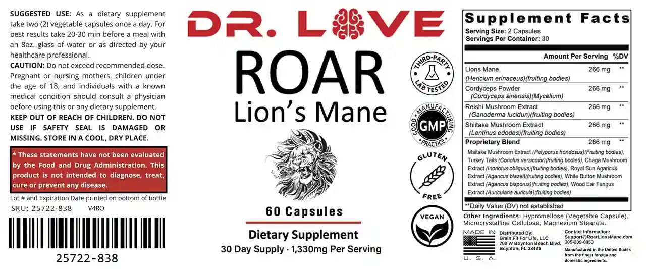 Dr Love ROAR Lion's Mane Supplement and facts