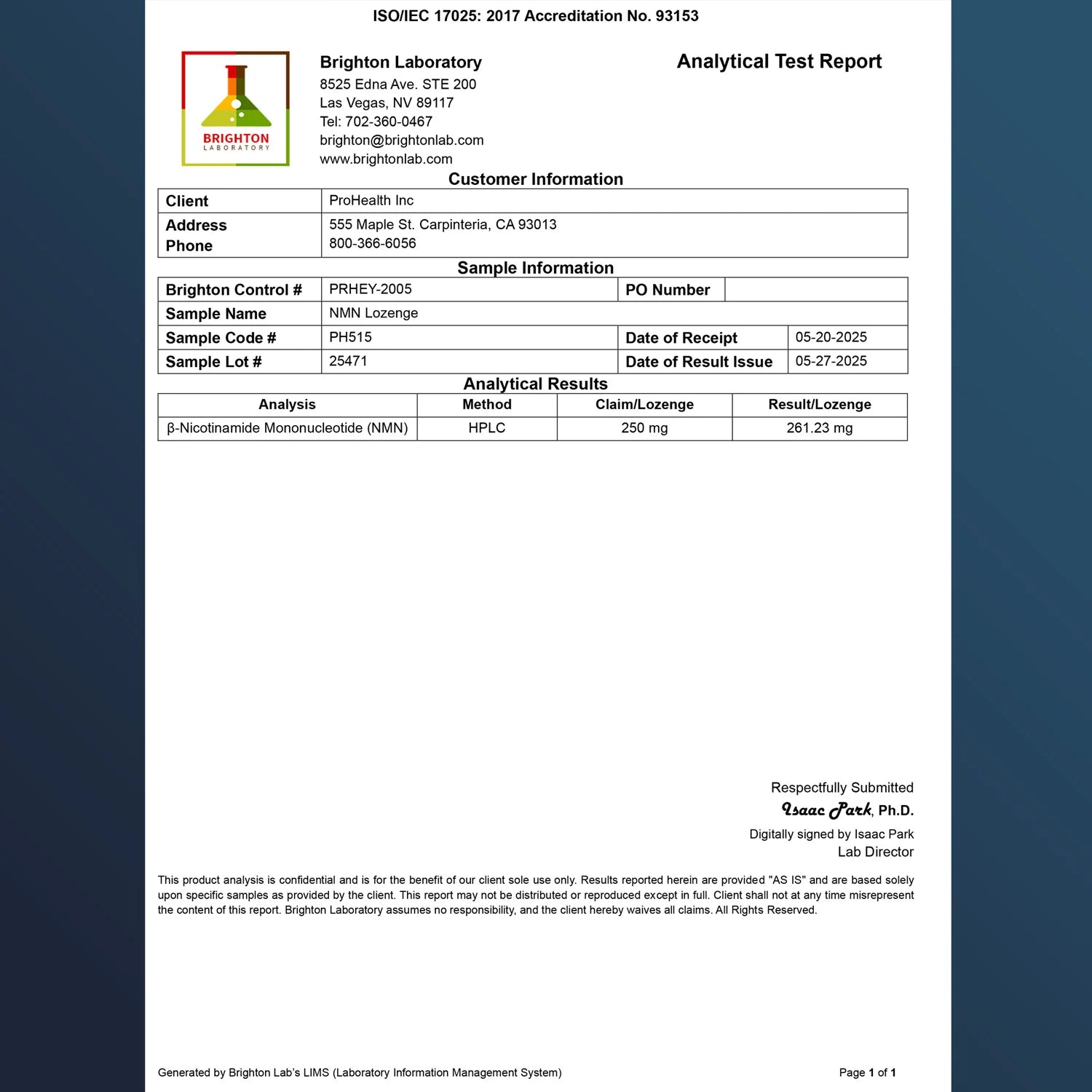 ProHealth Longevity NMN Pro™ Lozenges - Uthever® NMN, 250 mg, 30 Lozenges - Analytical Test Report