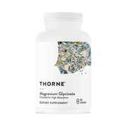 Thorne Magnesium Glycinate dietary supplement bottle providing highly absorbable magnesium to support relaxation, sleep, muscle function, and nervous system health.