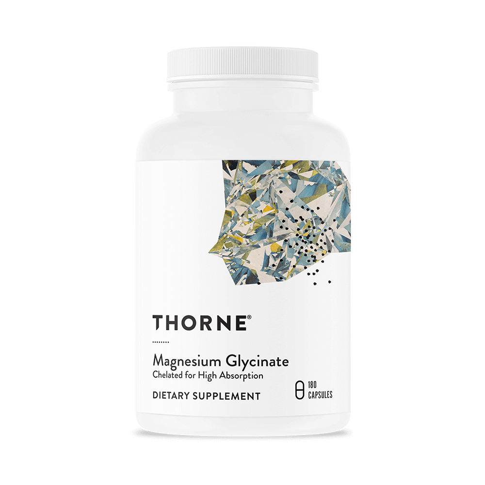 Thorne Magnesium Glycinate dietary supplement bottle providing highly absorbable magnesium to support relaxation, sleep, muscle function, and nervous system health.