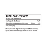 Thorne Magnesium Glycinate Supplement Facts label showing serving size, magnesium content, and ingredient information.