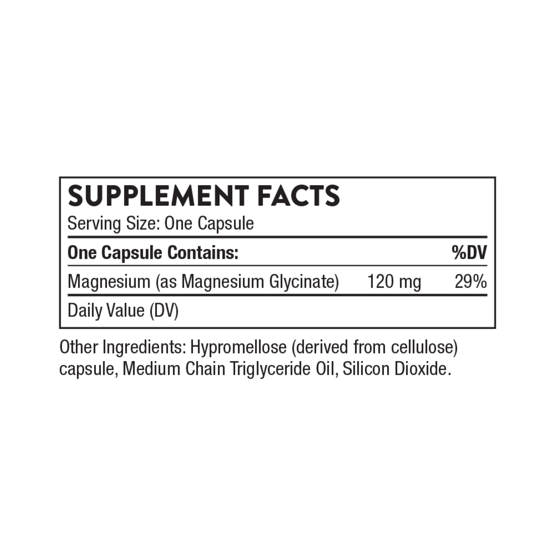 Thorne Magnesium Glycinate Supplement Facts label showing serving size, magnesium content, and ingredient information.