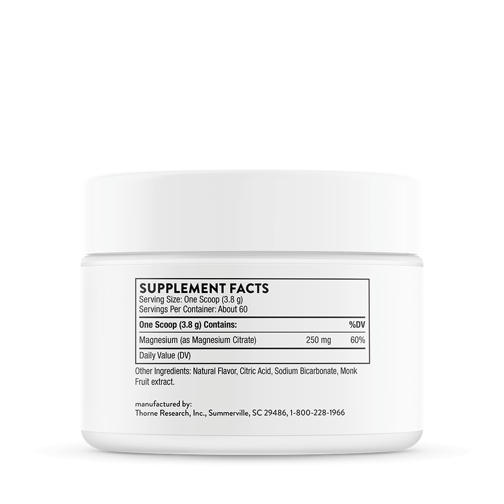 Back of Thorne Magnesium Citrate container with directions for use, ingredients, warnings, and storage information.