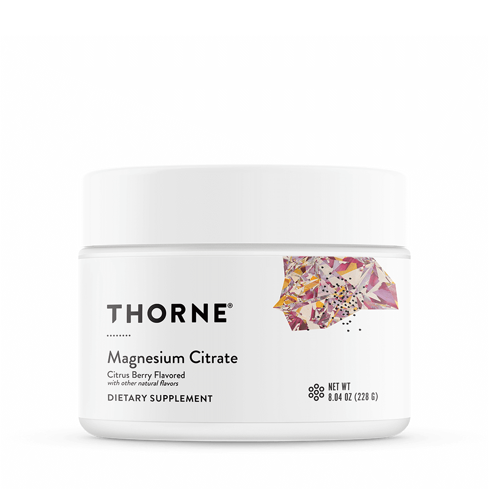Thorne Magnesium Citrate powder in citrus berry flavor providing 250 mg of elemental magnesium to support digestive, muscle, bone, and heart health.
