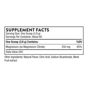 Thorne Magnesium Citrate Supplement Facts label showing serving size, elemental magnesium content, and ingredient information.