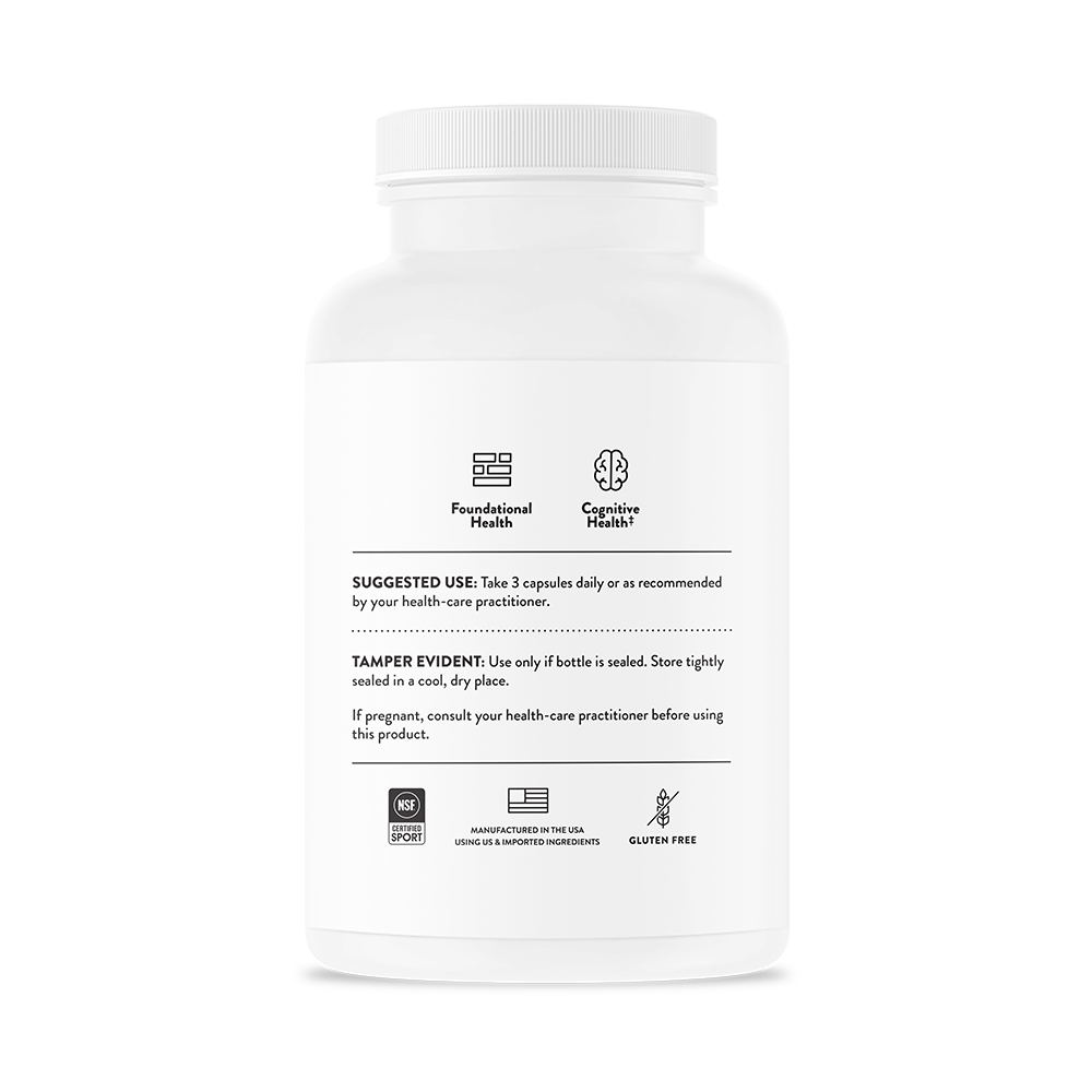 Back of Thorne Cognitive Vitality supplement bottle displaying directions for use, warnings, and product information.