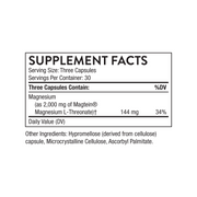 Thorne Cognitive Vitality Supplement Facts label showing magnesium L-threonate ingredients, serving size, and nutrition information.