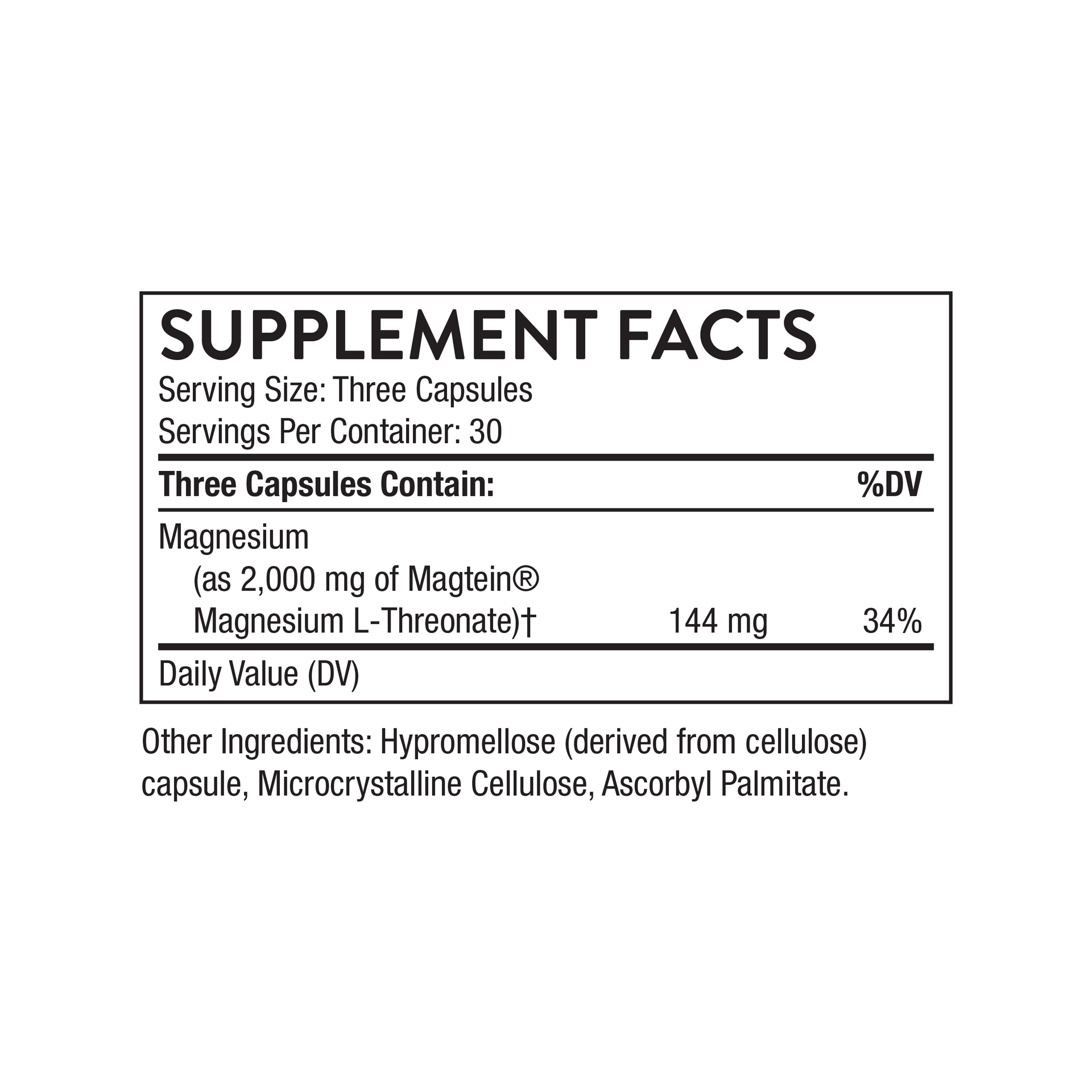 Thorne Cognitive Vitality Supplement Facts label showing magnesium L-threonate ingredients, serving size, and nutrition information.
