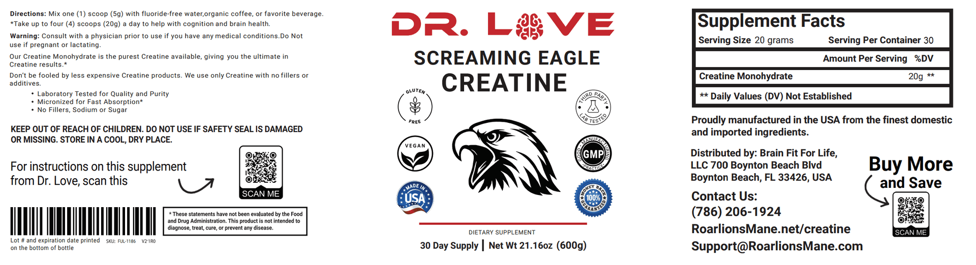 Label of Dr. Love Screaming Eagle Creatine displaying supplement facts, ingredient details, directions, and product information.