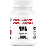 Dr. Love's NMN supplement bottle featuring 1000mg NMN per serving with Vitamin D3, Vitamin B12, and Quercetin in a white bottle with red and black label design.