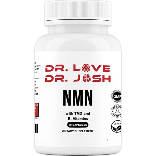 Dr. Love's NMN supplement bottle featuring 1000mg NMN per serving with Vitamin D3, Vitamin B12, and Quercetin in a white bottle with red and black label design.