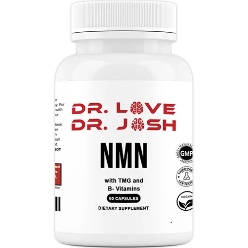 Dr. Love's NMN dietary supplement bottle shown from a side perspective featuring label branding and product packaging.