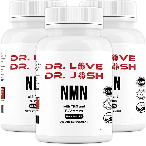 Multiple Dr. Love's NMN supplement bottles displayed together showcasing the premium NMN formula and packaging design.