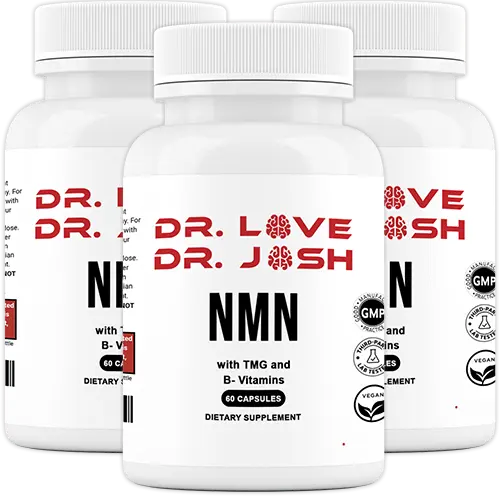 Dr. Love's NMN bottle displayed alongside branded packaging, showcasing retail presentation and product branding.