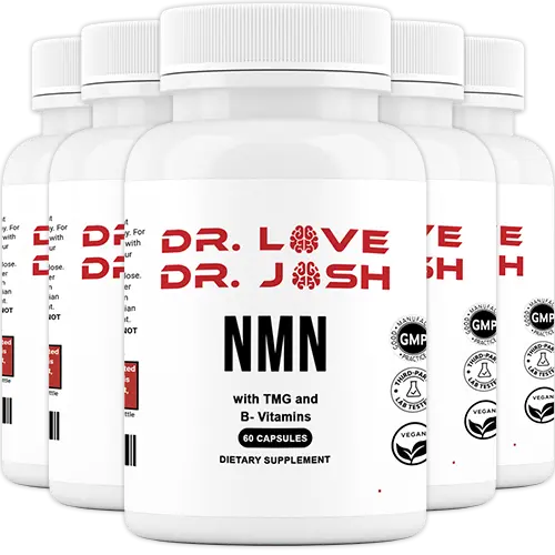 Front-facing Dr. Love's NMN bottle highlighting 1000mg NMN formula with supporting ingredients including Vitamin D3, Vitamin B12, and Quercetin.