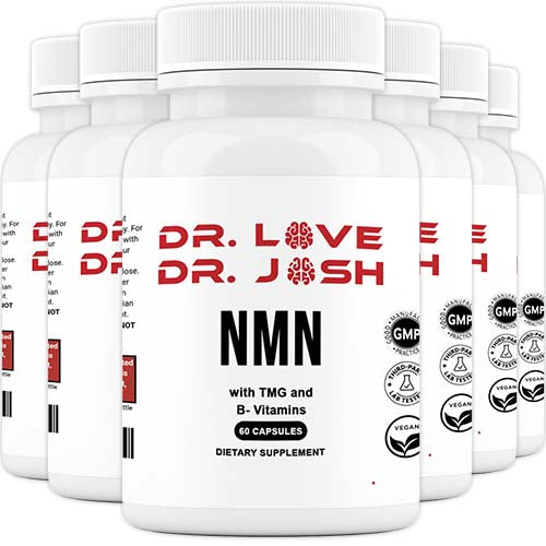 Several bottles of Dr. Love's NMN 1000mg arranged in a group highlighting product quantity and brand presentation.