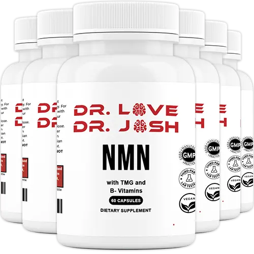 Collection of Dr. Love's NMN supplement bottles arranged together emphasizing product availability and packaging consistency.