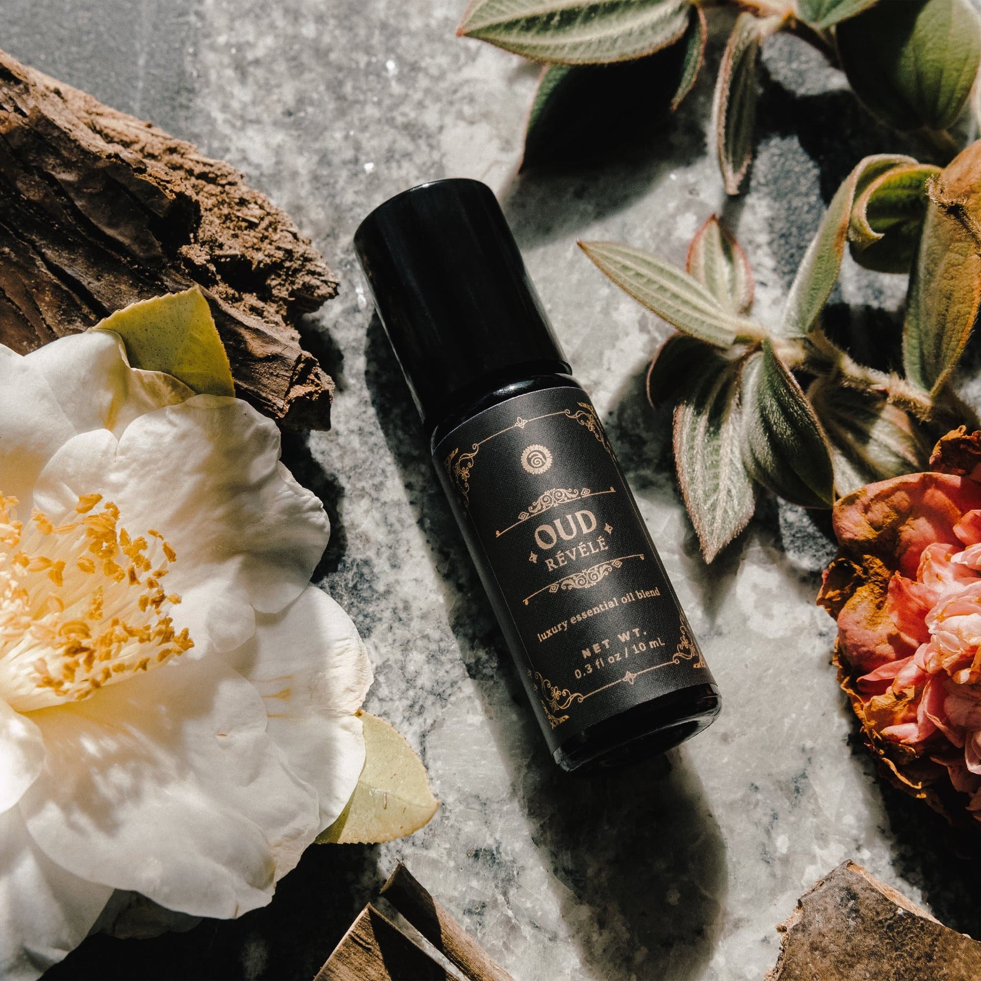 Annmarie Oud Révélé perfume surrounded by botanical floral ingredients